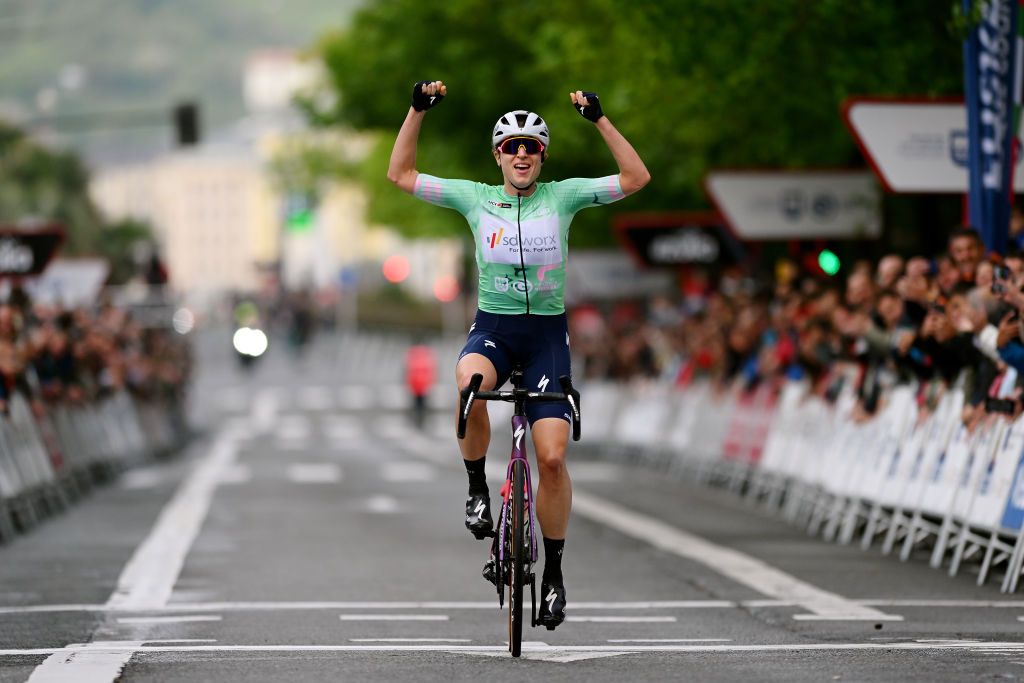 SAN SEBASTIAN SPAIN MAY 14 Marlen Reusser of Switzerland and Team SD Worx Green Points Jersey celebrates at finish line as stage winner during the 2nd Itzulia Women 2023 Stage 3 a 1148km stage from Donostia San Sebastian to Donostia San Sebastian UCIWWT on May 14 2023 in Donostia San Sebastian Spain Photo by Dario BelingheriGetty Images