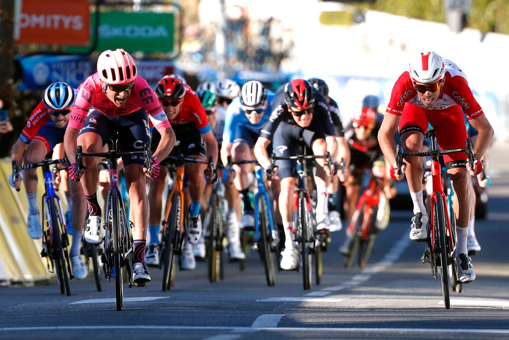 LEVENS FRANCE MARCH 14 Sprint Arrival Magnus Cort Nielsen of Denmark and Team EF Education Nippo Christophe Laporte of France and Team Cofidis Pierre Latour of France and Team Total Direct Energie Dylan Teuns of Belgium and Team Bahrain Victorious Dylan Van Baarle of Netherlands and Team INEOS Grenadiers during the 79th Paris Nice 2021 Stage 8 a 927km stage from Le PlanduVar to Levens 518m Stage itinerary redesigned due to COVID19 lockdown imposed in the city of Nice ParisNice on March 14 2021 in Levens France Photo by Bas CzerwinskiGetty Images