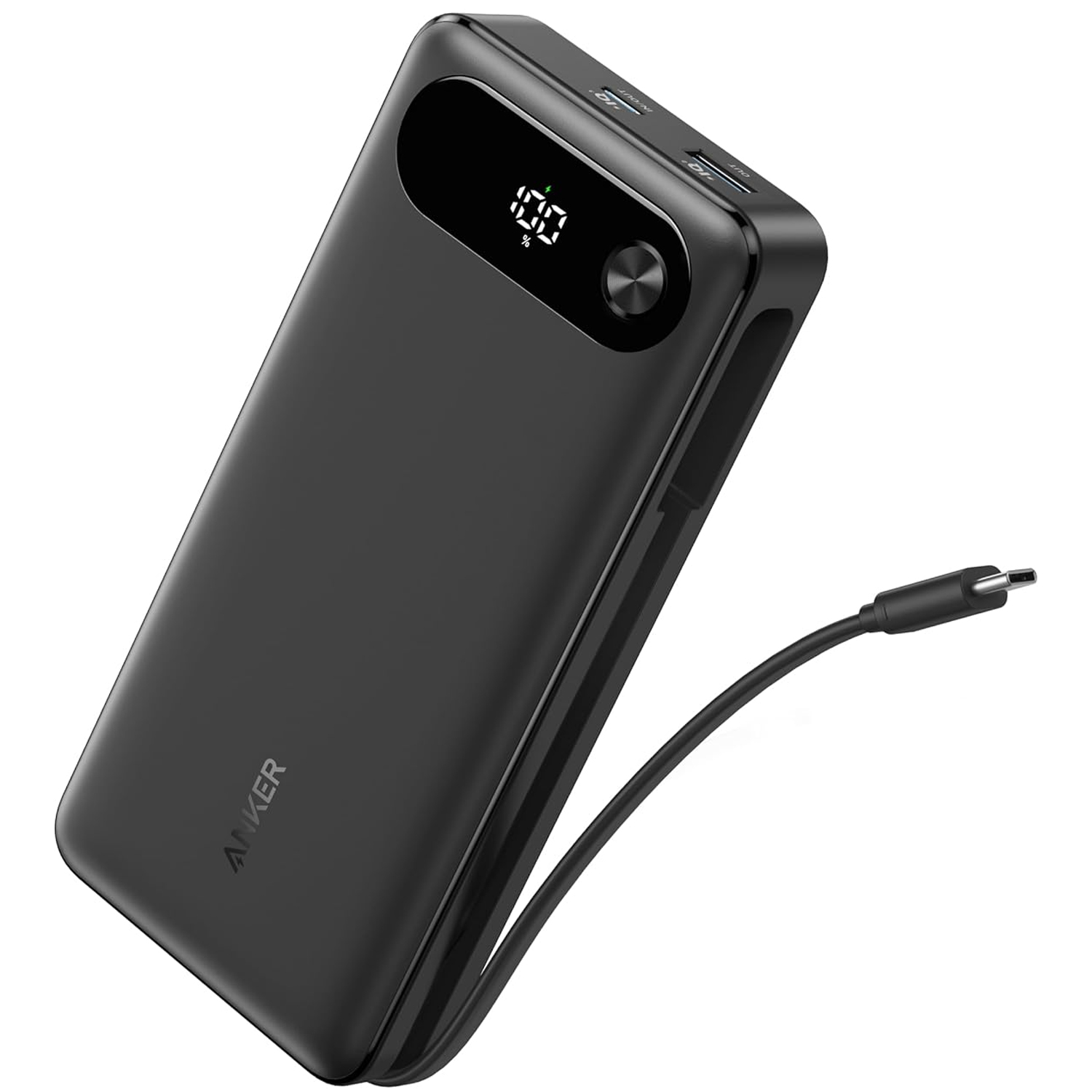 Anker 20,000mAh 87W Power Bank with USB-C cable extended from the body and 100% showing on LED display
