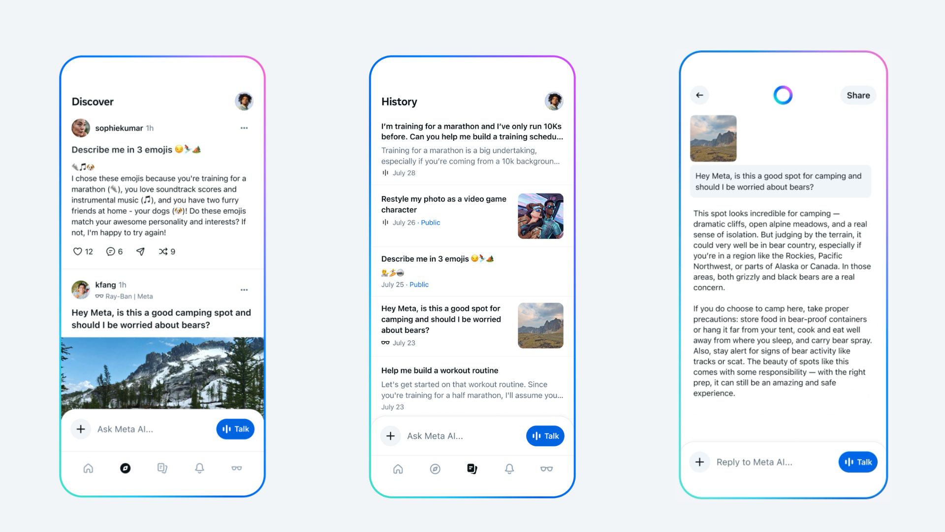 A screenshot of multiple prompts from the Meta AI app, including someone asking to be described in three emojis, someone asking for marathon advice, and someone asking for a good camping spot and if they should be worried about bears