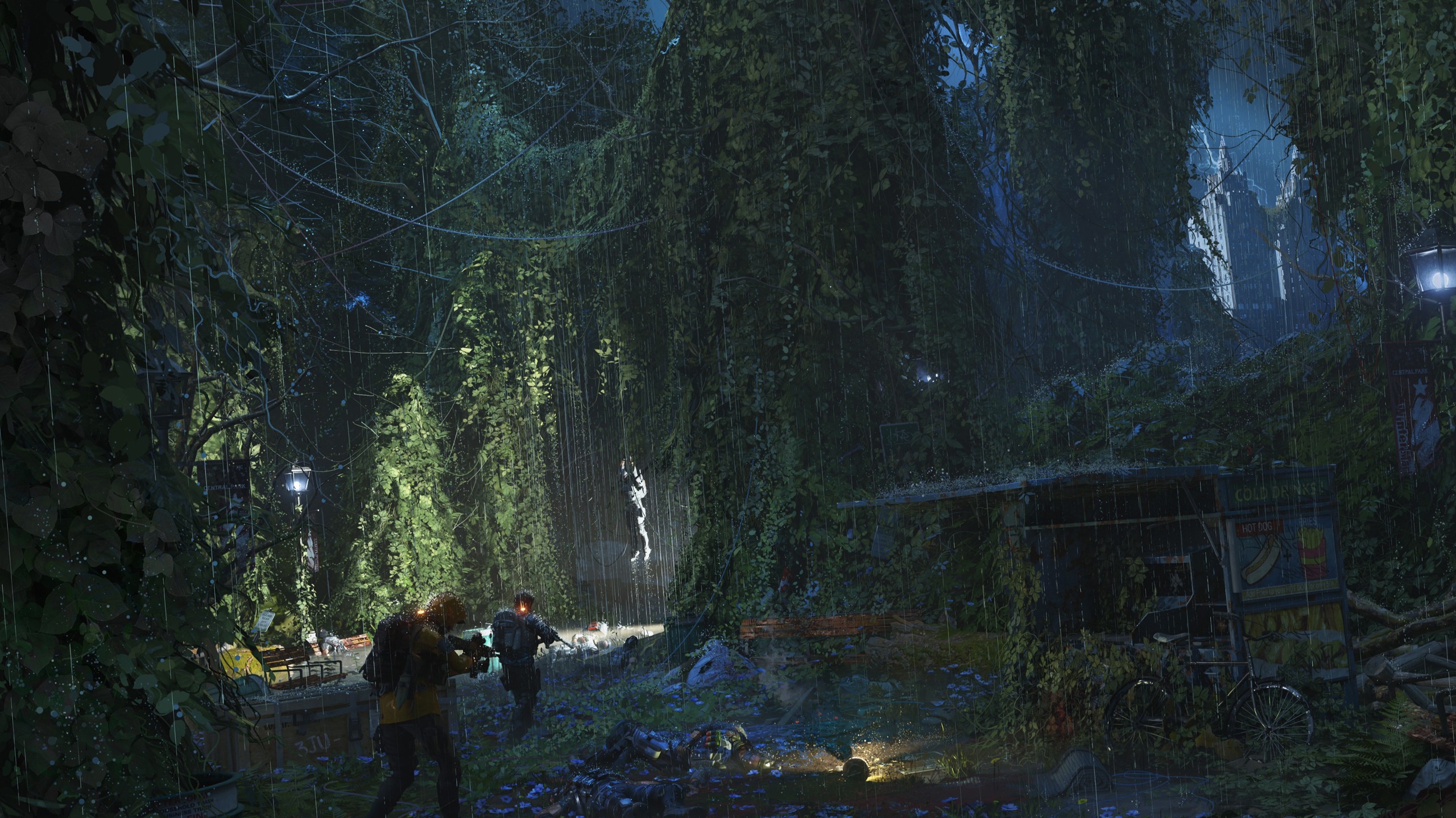 Concept artwork from The Division 2 DLC Echoes of Central park showing agents going down an overgrown path in the rain