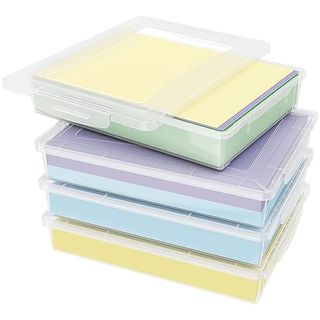 Four clear plastic slim document storage boxes stacked on top of one another, with clear lip on lids