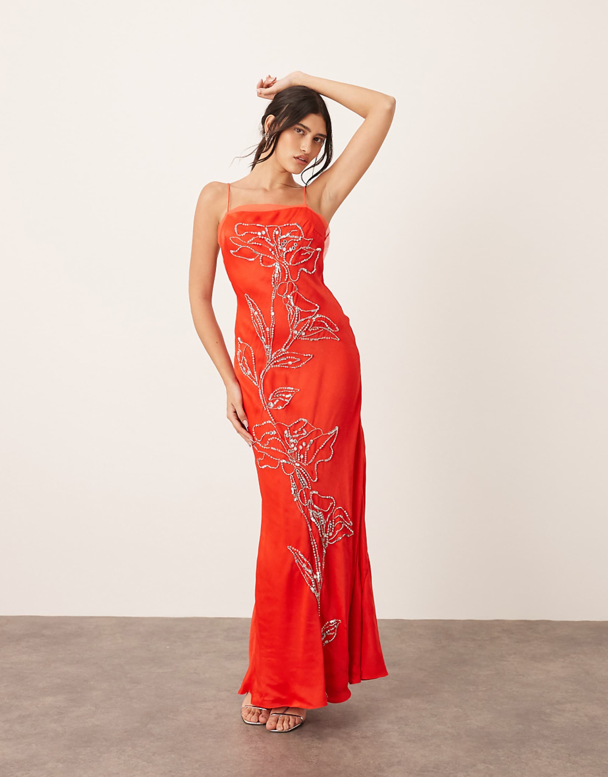 Arrange Floral Embellished Cami Maxi Dress With Low Back in Red