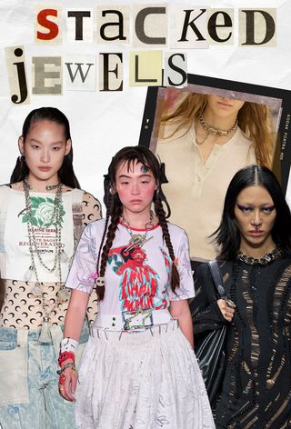 90s grunge fashion is shown in a collage with a photo of models wearing stacked jewelry