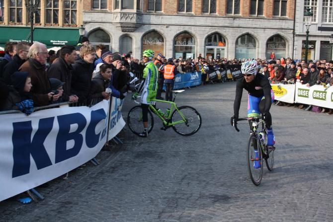 Filippo Pozzato (Lampre Merida) rides to sign on in Bruges.