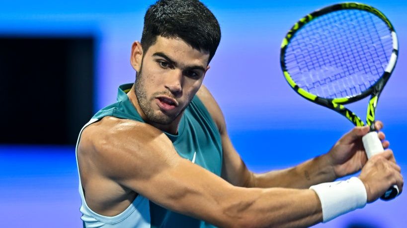 Carlos Alcaraz of Spain competes in his quarterfinal match against Jiri Lehecka of the Czech Republic ahead of the Indian Wells 2025 BNP Paribas Open.