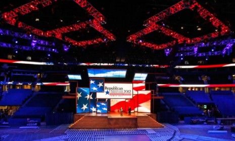 The centerpiece of the GOP convention is this stage, which will display montages of Mitt Romney&amp;#039;s family on its 13 overlapping LED screens.