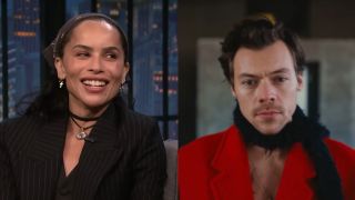 Zoe Kravitz on Late Night With Seth Meyers and Harry Styles wearing a red coat and black boa scarf in the "As It Was" MV.