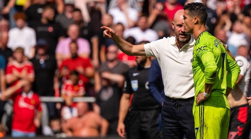 Manchester United manager Erik ten Hag gives instructions to Cristiano Ronaldo during the Premier League game against Southampton.