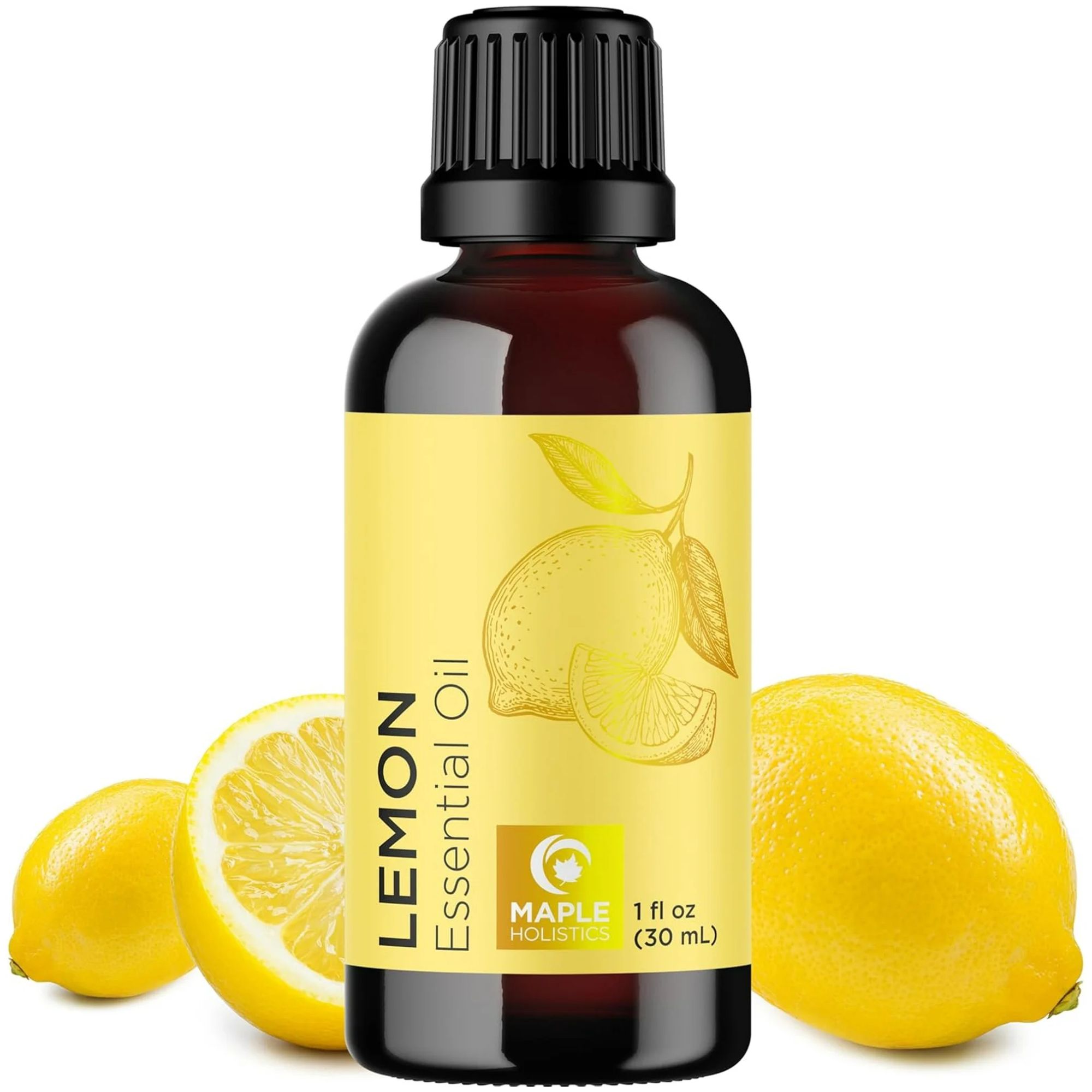 A brown bottle of lemon essential oil with a yellow label and black lid