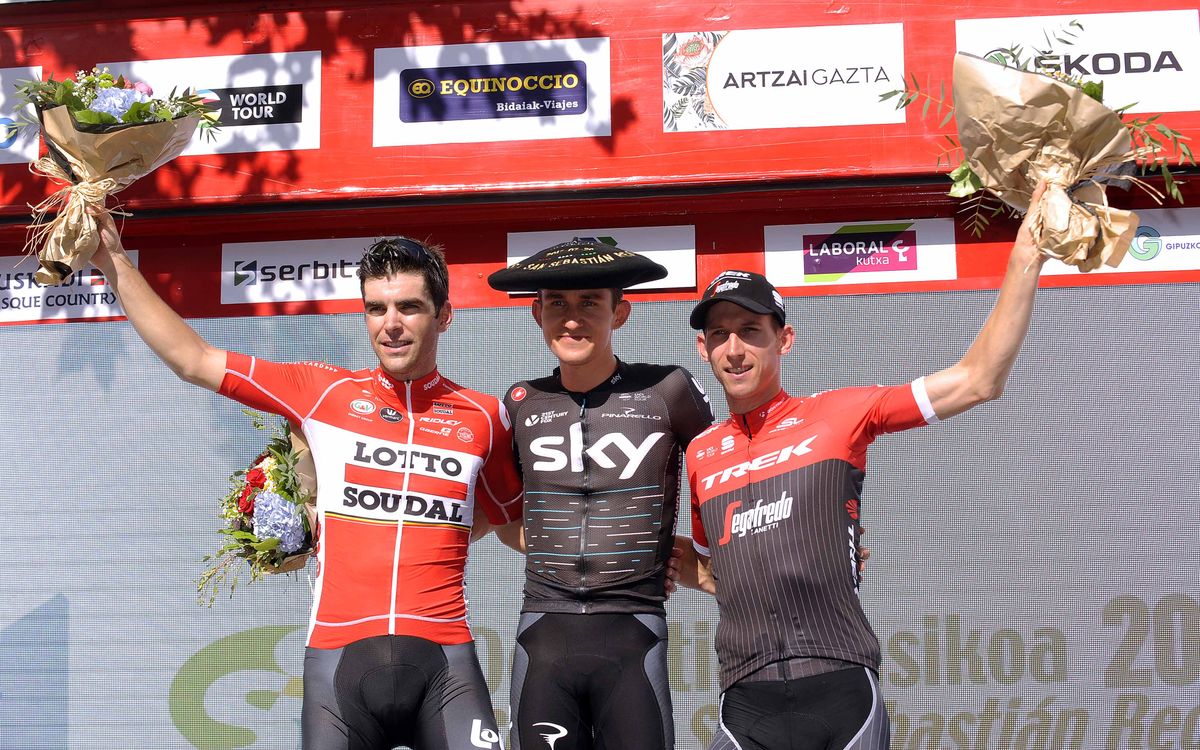 Clasica San Sebastian winner Michal Kwiatkowski flanked by runner-up Tony Gallopin and third-placed Bauke Mollema