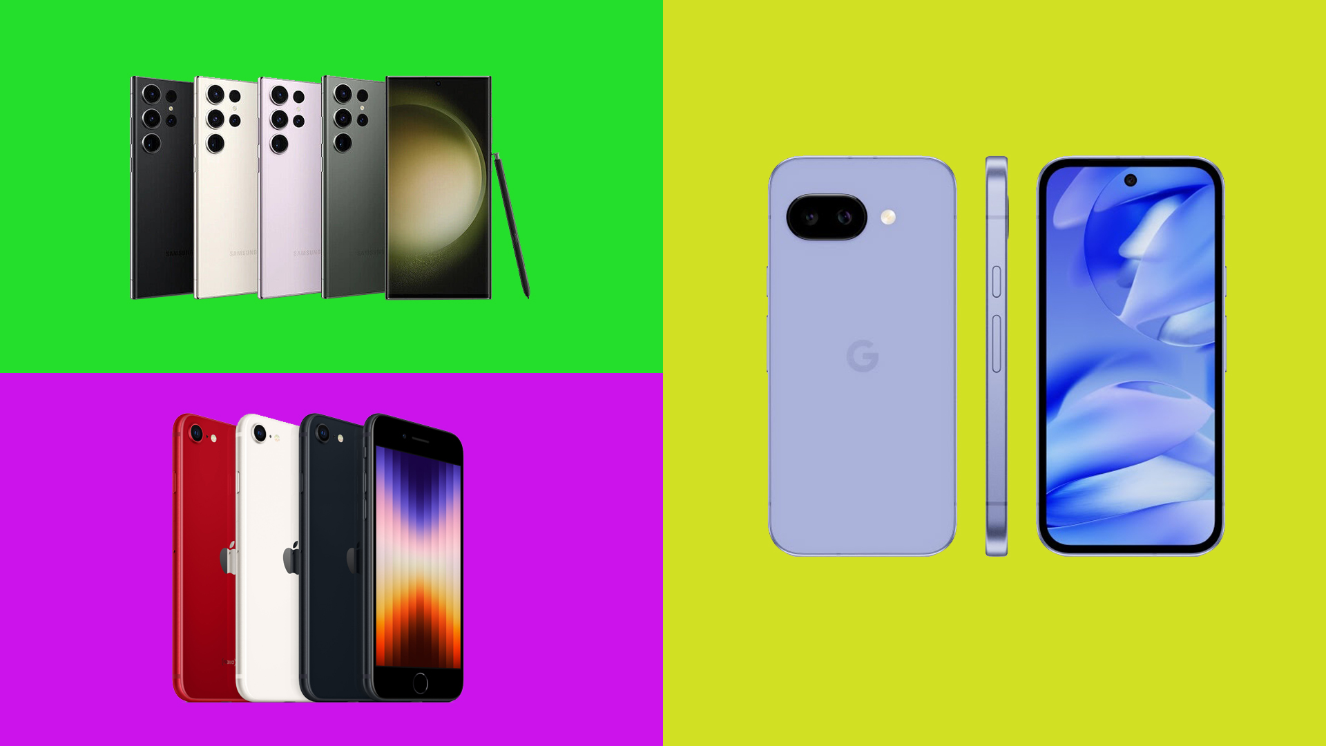 Three of the best budget camera phones on the market, in three colourful boxes. 