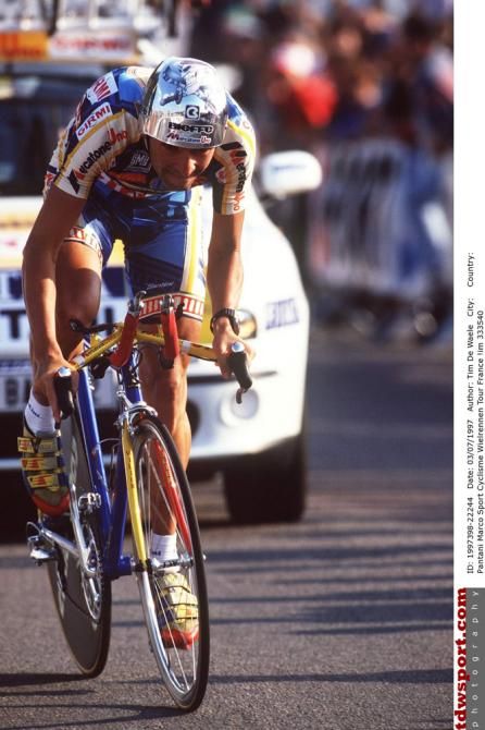 Marco Pantani in action during the 1997 Tour de France where he would win two stages and place third overall.
