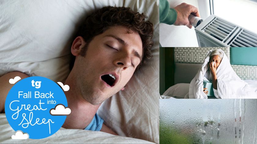 An image of a man sleeping with his mouth open and snoring next to three images of the causes including: A radiator, condensation and someone with a cold