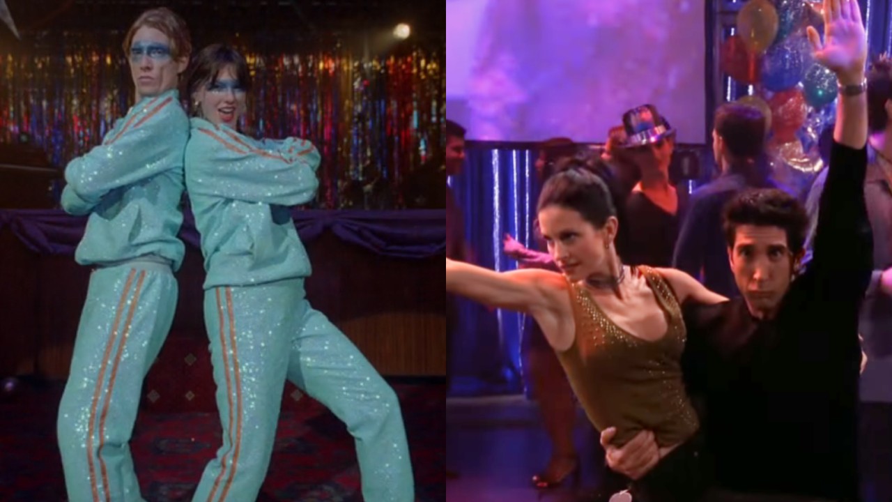 Domhnall Gleeson and Taylor Swift standing back to back in the Opalite video and Courteney Cox and David Schwimmer posing in Friends. 