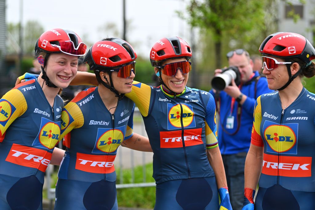 DENAIN FRANCE APRIL 06 LR Elynor Backstedt of The United Kingdom llaria Sanguineti of Italy Elisa Balsamo of Italy and Lauretta Hanson of Australia and Team Lidl Trek prior to the 4th ParisRoubaix Femmes 2024 a 1485km one day race from Denain to Roubaix on UCIWWT April 06 2024 in Denain France Photo by Luc ClaessenGetty Images