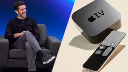 A side-by-side composite: John Ternus sitting on a chair during an interview alongside an Apple TV 4K streaming device.