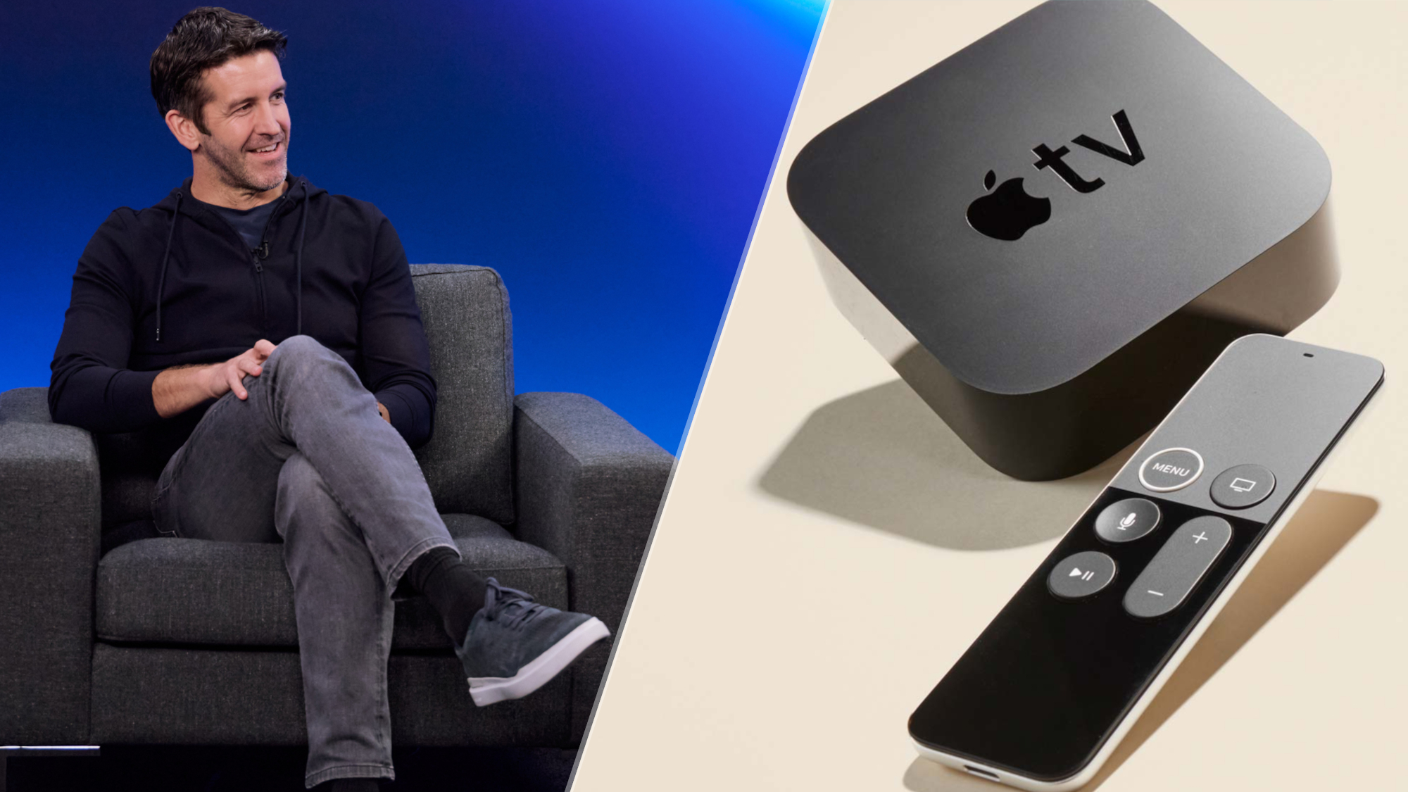 A side-by-side composite: John Ternus sitting on a chair during an interview alongside an Apple TV 4K streaming device.