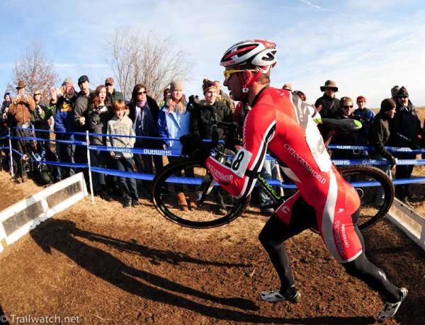 Dylan McNicholas (Cyclocrossworld.com) was second over the barriers on lap one