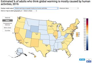 This map shows the percentage of people per state who think that climate change is largely caused by humans.