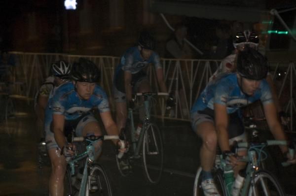 The BMW-Bianchi riders endure a pouding rainstorm in Athens.