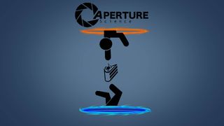 Portal-inspired artwork showing a stick figure falling between two portals with a slice of cake. The Aperture Science logo is shown above the artwork.