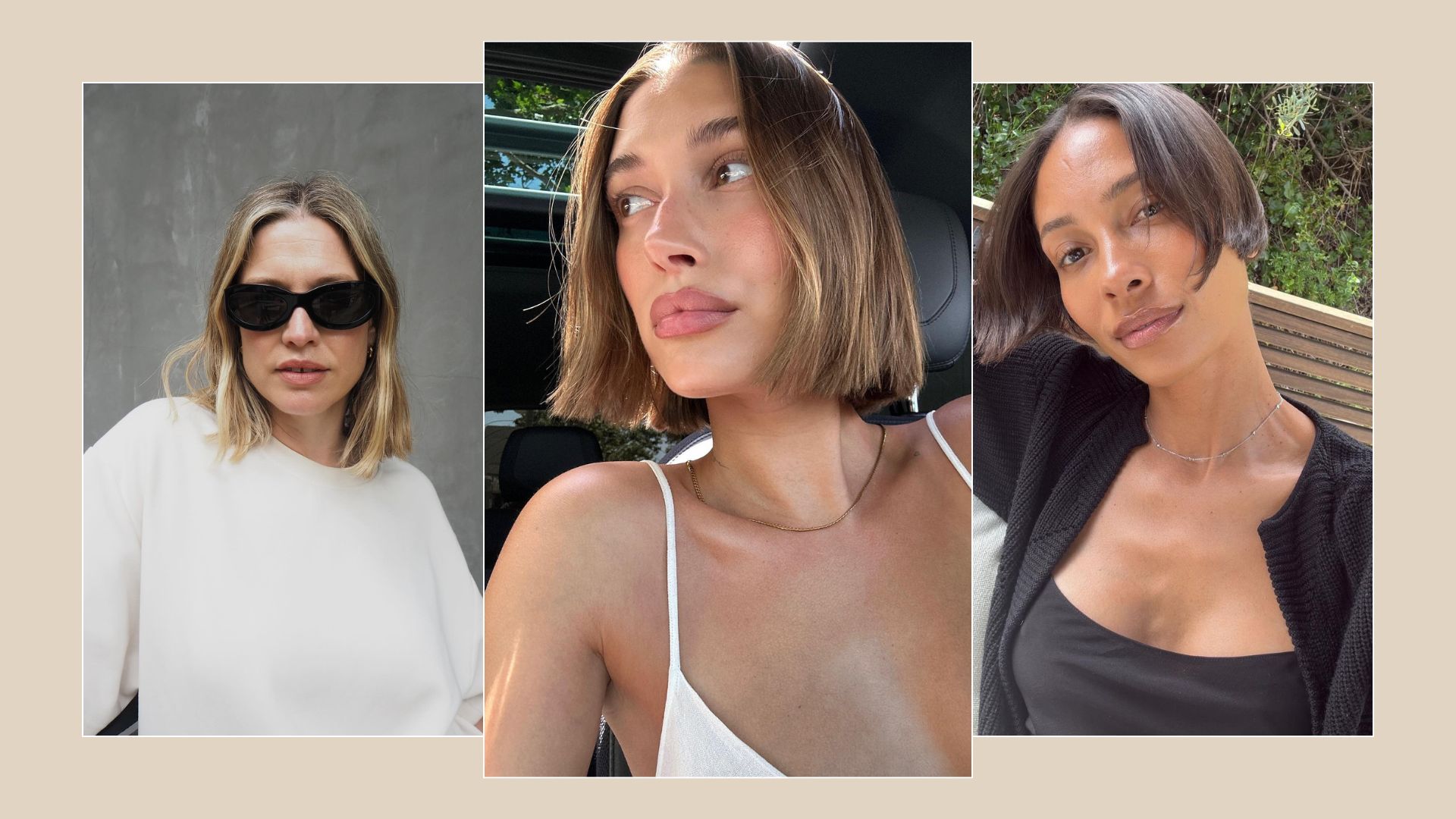 A collage of influncers and Hailey Bieber with a kinked bob hairstyle