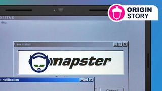 A laptop screen showing the Napster logo