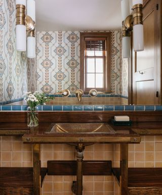 Blue and yellow tiled bathroom