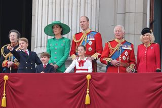 Prince George of Wales, Prince Louis of Wales, Princess Charlotte of Wales, Catherine, Princess of Wales, Prince William, Prince of Wales, King Charles III and Queen Camilla stand on the balcony of Buckingham Palace to watch a fly-past of aircraft by the Royal Air Force during Trooping the Colour on June 17, 2023 in London,