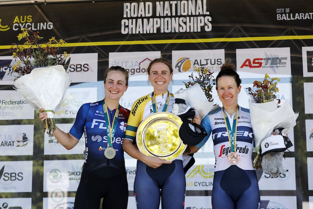 The elite women&#039;s podium at the AusCycling Road National Championships 2023, with Brodie Chapman (Trek-Segafredo) first, Grace Brown (FDJ-SUEZ) second and Amanda Spratt (Trek-Segafredo) third