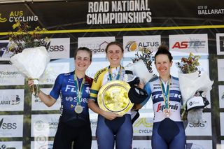The elite women's podium at the AusCycling Road National Championships 2023, with Brodie Chapman (Trek-Segafredo) first, Grace Brown (FDJ-SUEZ) second and Amanda Spratt (Trek-Segafredo) third