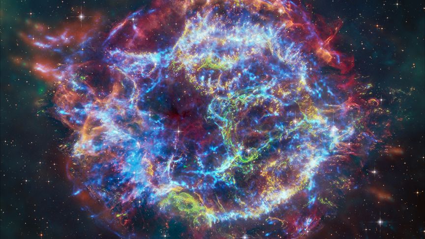 This image of the supernova remnant Cassiopeia A combines data from NASA&#039;s Chandra, James Webb, Hubble and Spitzer space telescopes.