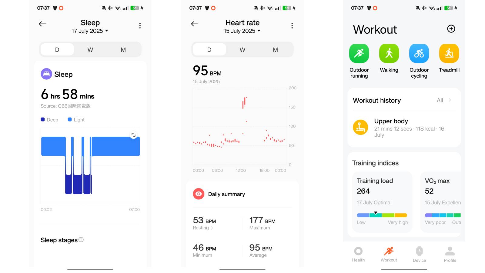 Screenshots showing sleep and heart rate stats of the Xiaomi Smart Band 10 via the Mi Fitness app.