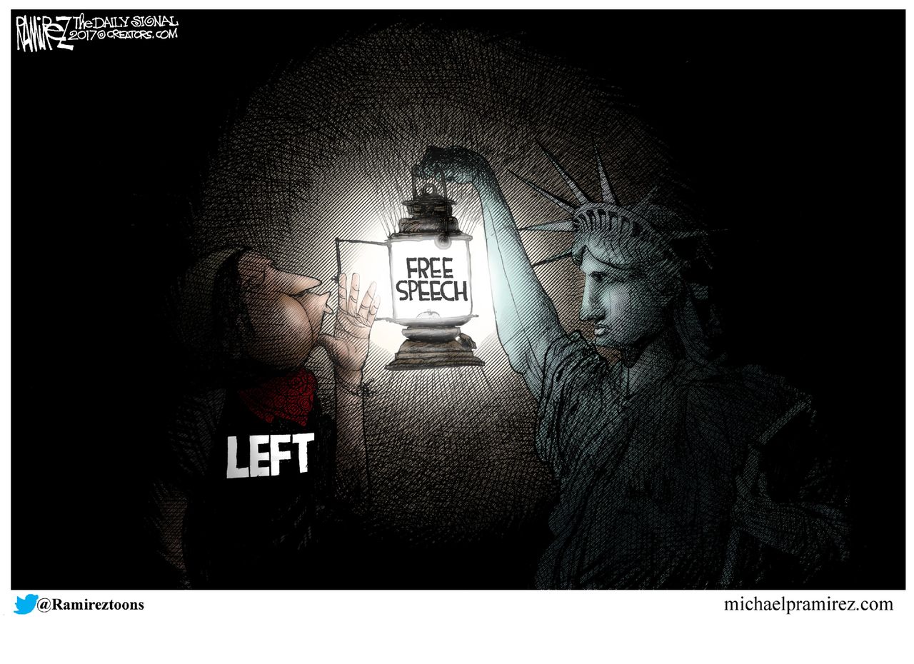 Political Cartoon U.S. Left Statue of Liberty Free Speech