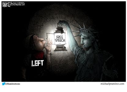 Political Cartoon U.S. Left Statue of Liberty Free Speech