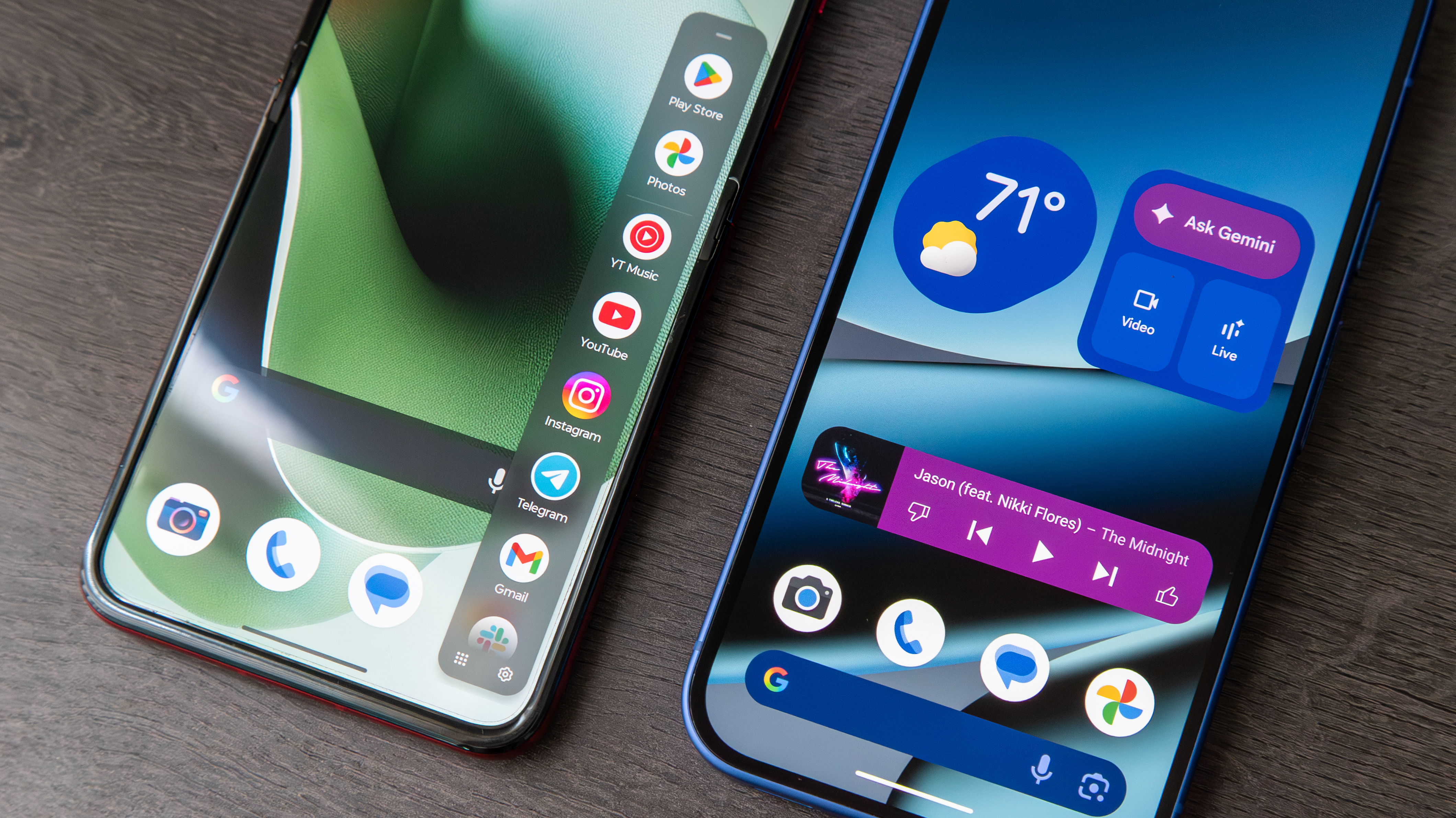 Pixel 10 next to the Razr Ultra 2025 with an open side panel of apps