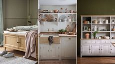A storage bench with cabinet doors and a cushion top at the end of a bed / Rustic open shelving above a stoneware sink in a white kitchen / A standing hutch with closed cabients at the bottom and open shelving on top