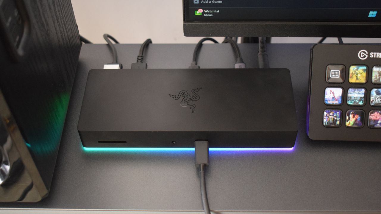 Photo of Razer Thunderbolt 4 Dock Chroma taken from above to show cable positioning and Razer emblem.