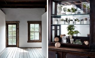Left image: Empty interior room, white walls, rustic wooden frame door and window, white wash wooden floor, dark wood ceiling beam, Right Image: Dark wood unit, door, mirror backed with glass shelves, small white potted plant pots with plants, round stone and glass ornaments