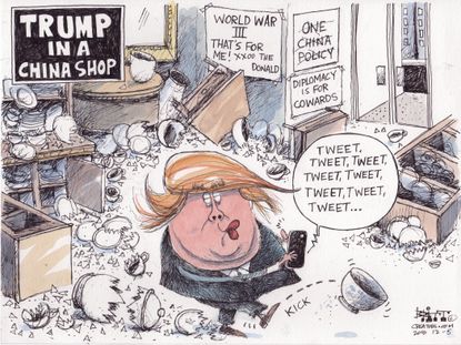 Political cartoon U.S. Donald Trump China destruction Twitter