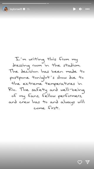 Taylor Swift posts statement about postponing her second show in Rio.
