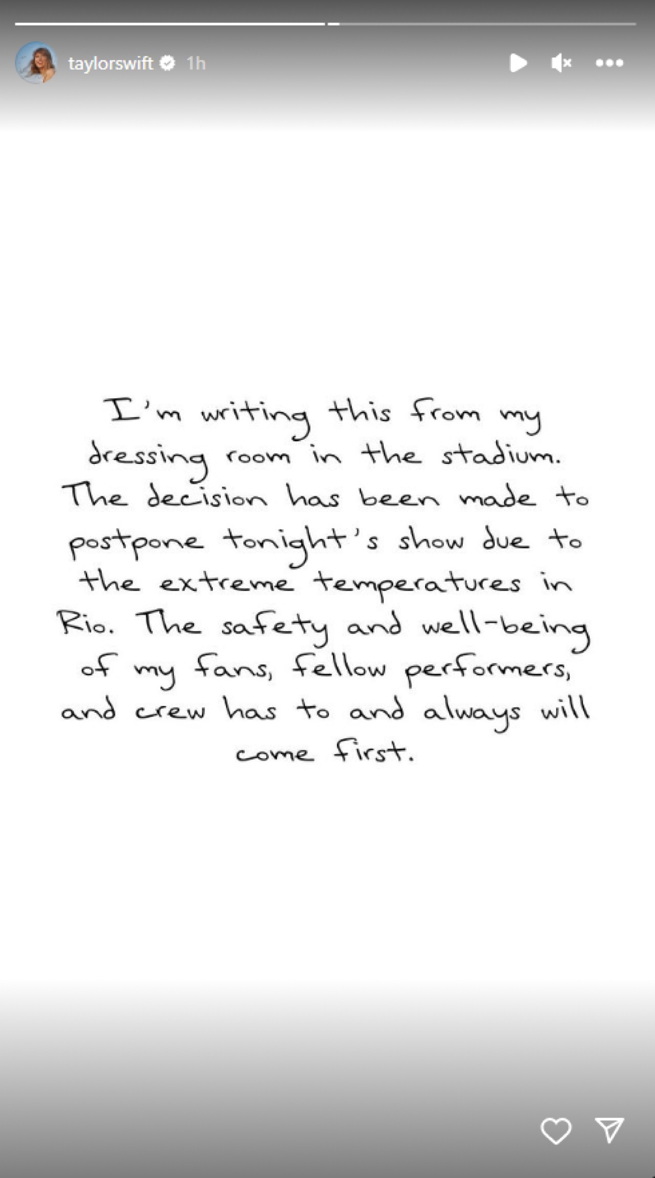 Taylor Swift posts statement about postponing her second show in Rio.