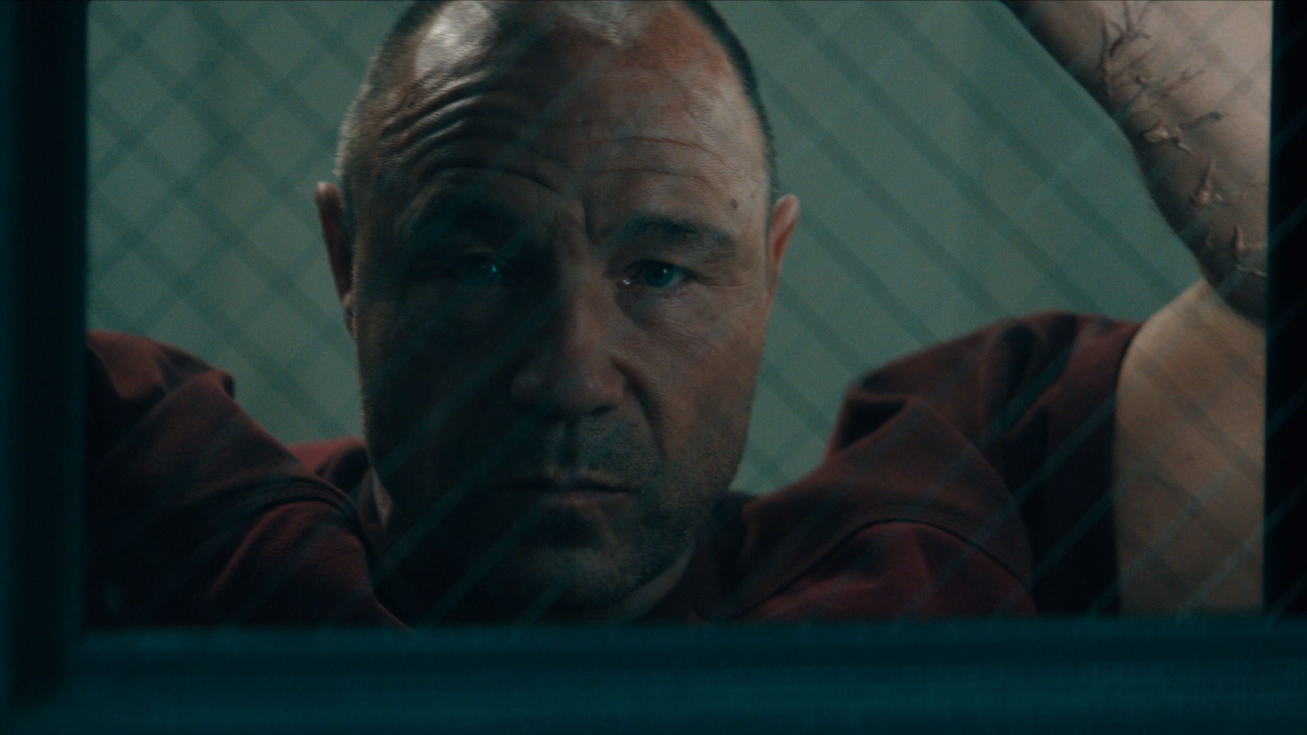 Stephen Graham as Jurek Walter with his arms against the glass of a prison cell door. There are noticeable scars on his arm.