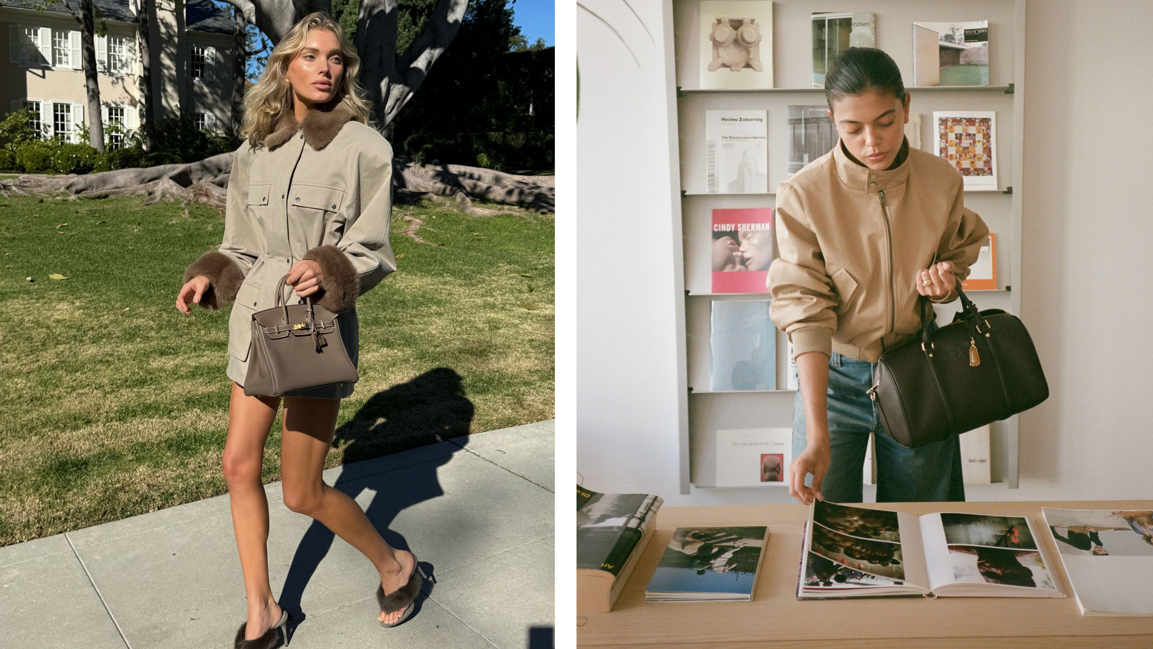 Woman in a fur-trim jacket; woman in a funnel-neck jacket.