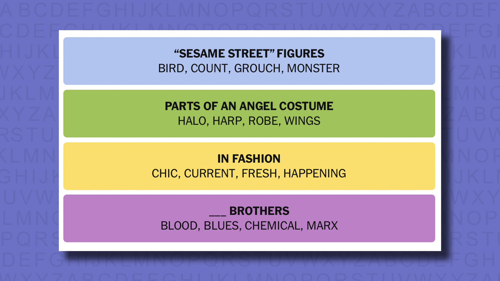 NYT Connections answers for game 747 on a purple background