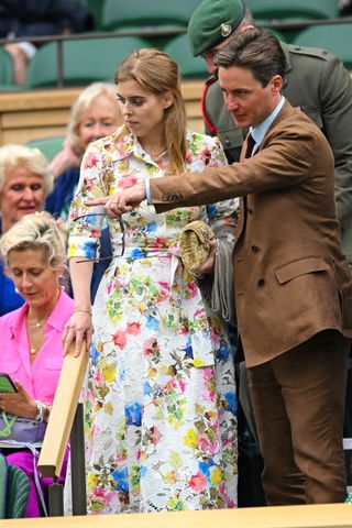 Princess Beatrice wearing a Monique Lhuillier floral dress at the 2024 Wimbledon games in London July 2024