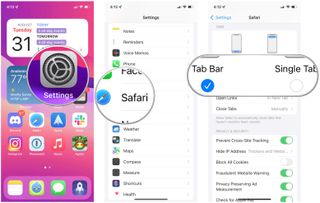 Change position of Safari's address bar in Settings on iPhone by showing: Launch Settings, tap Safari, select Bottom Tab Bar or Top Tab Bar