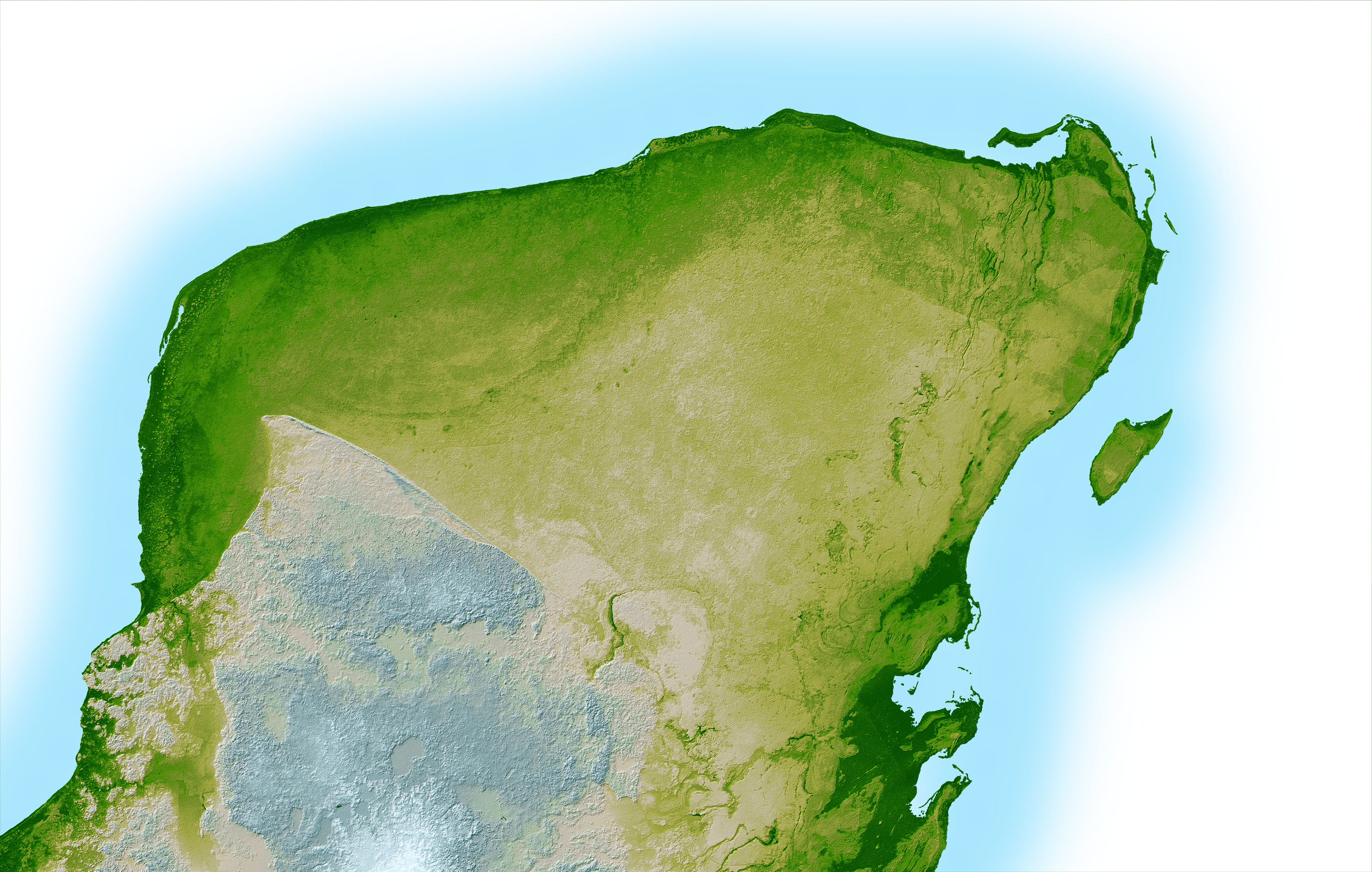 A high resolution topographic map of the Yucatan Peninsula created with data collected in the Shuttle Radar Topography Mission and released in 2003. In the upper left portion of the peninsula, a faint arc of dark green is visible indicating the remnants of the Chicxulub impact crater.