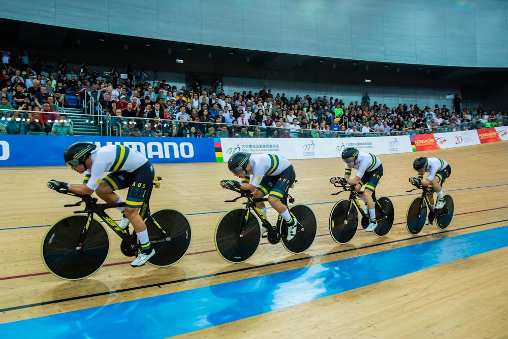 Members of the Australian cycling team compete in the Men's Team Pursuit final at the Hong Kong Velodrome during the 2017 Track Cycling World Championships in Hong Kong